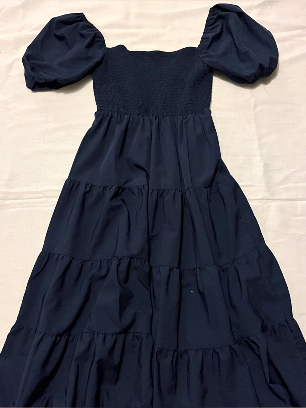 Navy Blue Smocked Puff Sleeve Tiered Maxi Dress - Size S